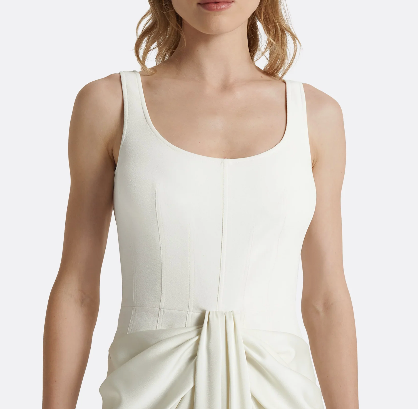 sleeveless satin gown with draped front detail – ELYSE
