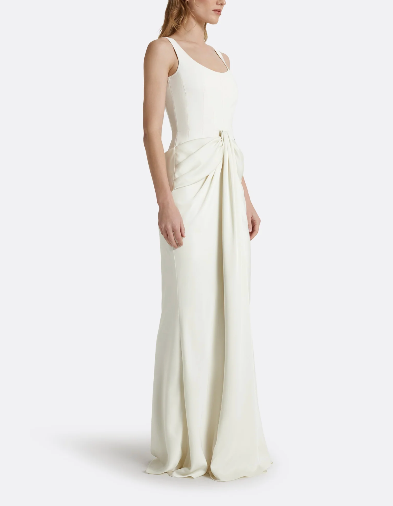 sleeveless satin gown with draped front detail – ELYSE