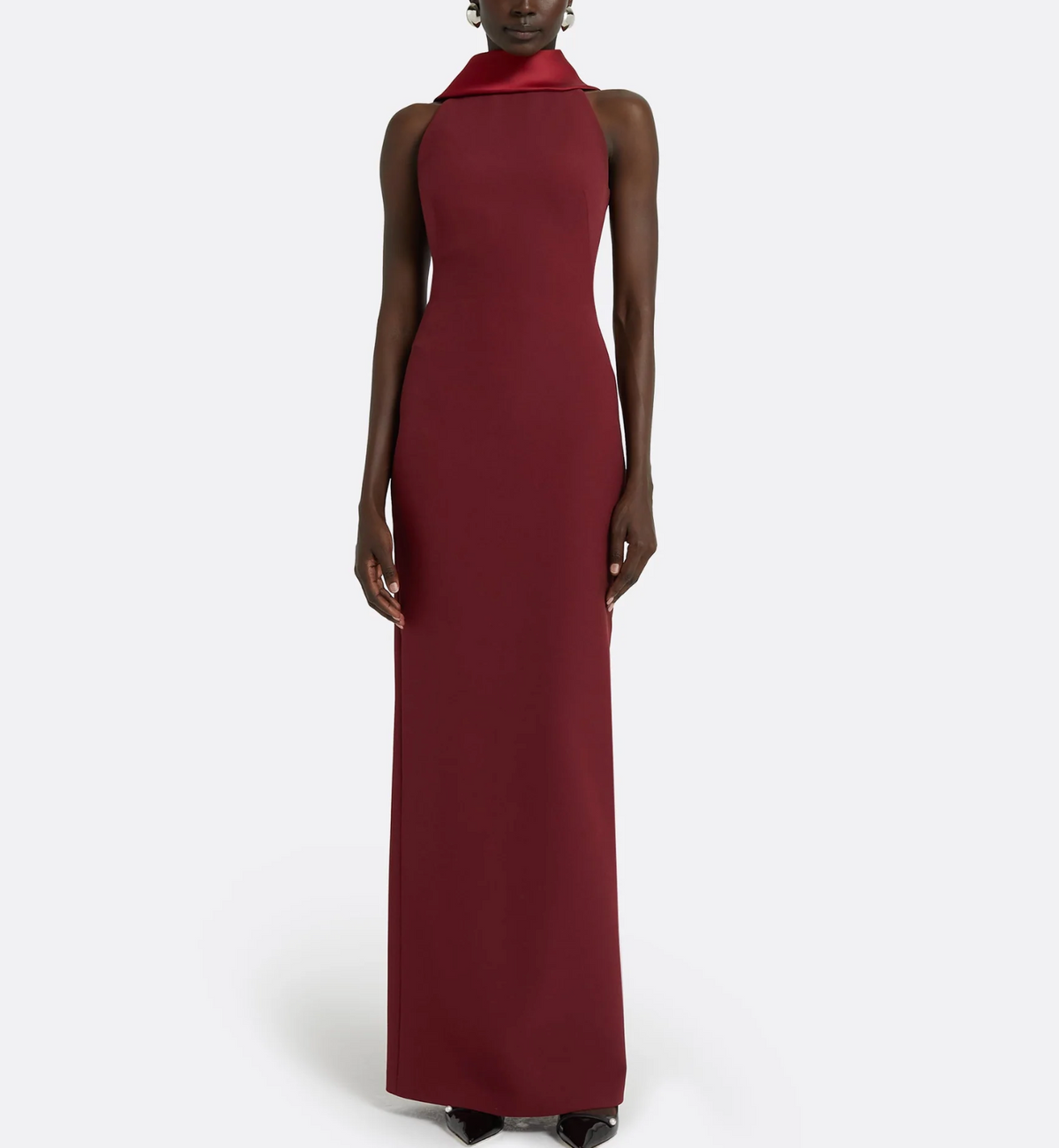 halter-neck column gown with folded collar – MERLOT