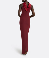 halter-neck column gown with folded collar – MERLOT