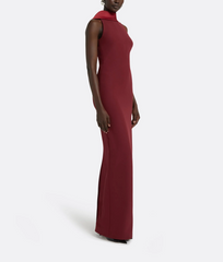 halter-neck column gown with folded collar – MERLOT