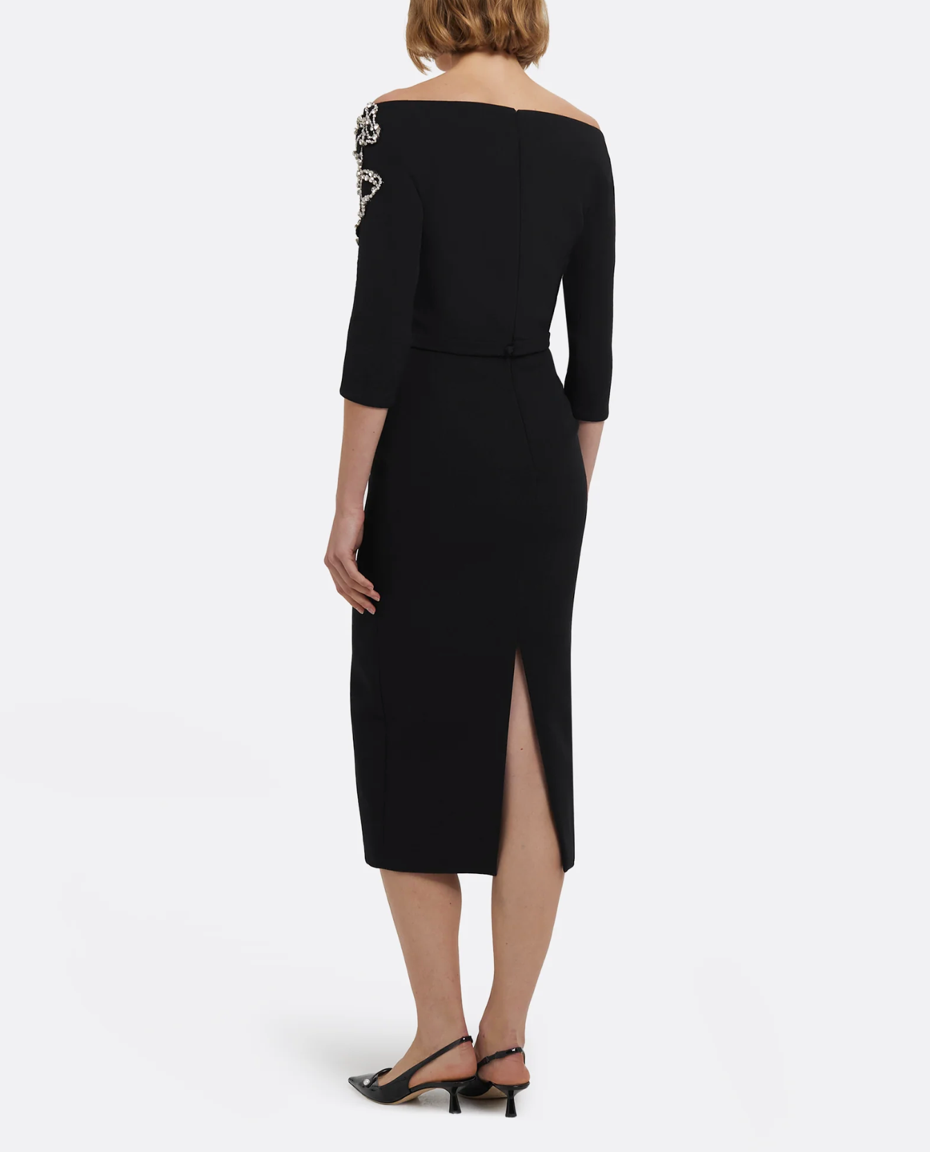 off-shoulder midi dress with pearl floral embroidery – NOIRZ