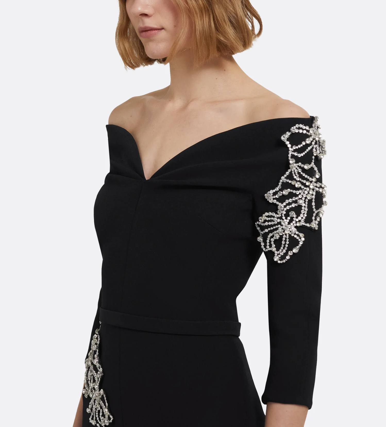 off-shoulder midi dress with pearl floral embroidery – NOIRZ
