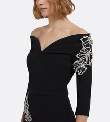 off-shoulder midi dress with pearl floral embroidery – NOIRZ
