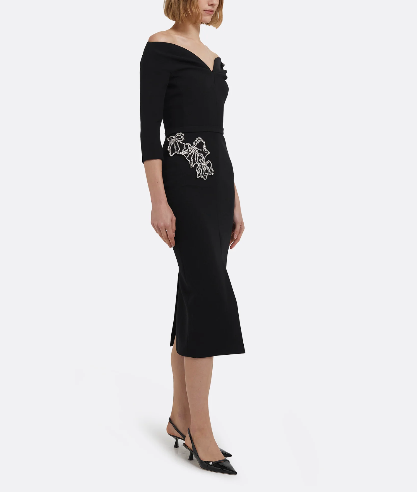 off-shoulder midi dress with pearl floral embroidery – NOIRZ