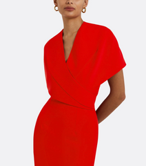 structured midi dress with draped wrap bodice – SCARLET