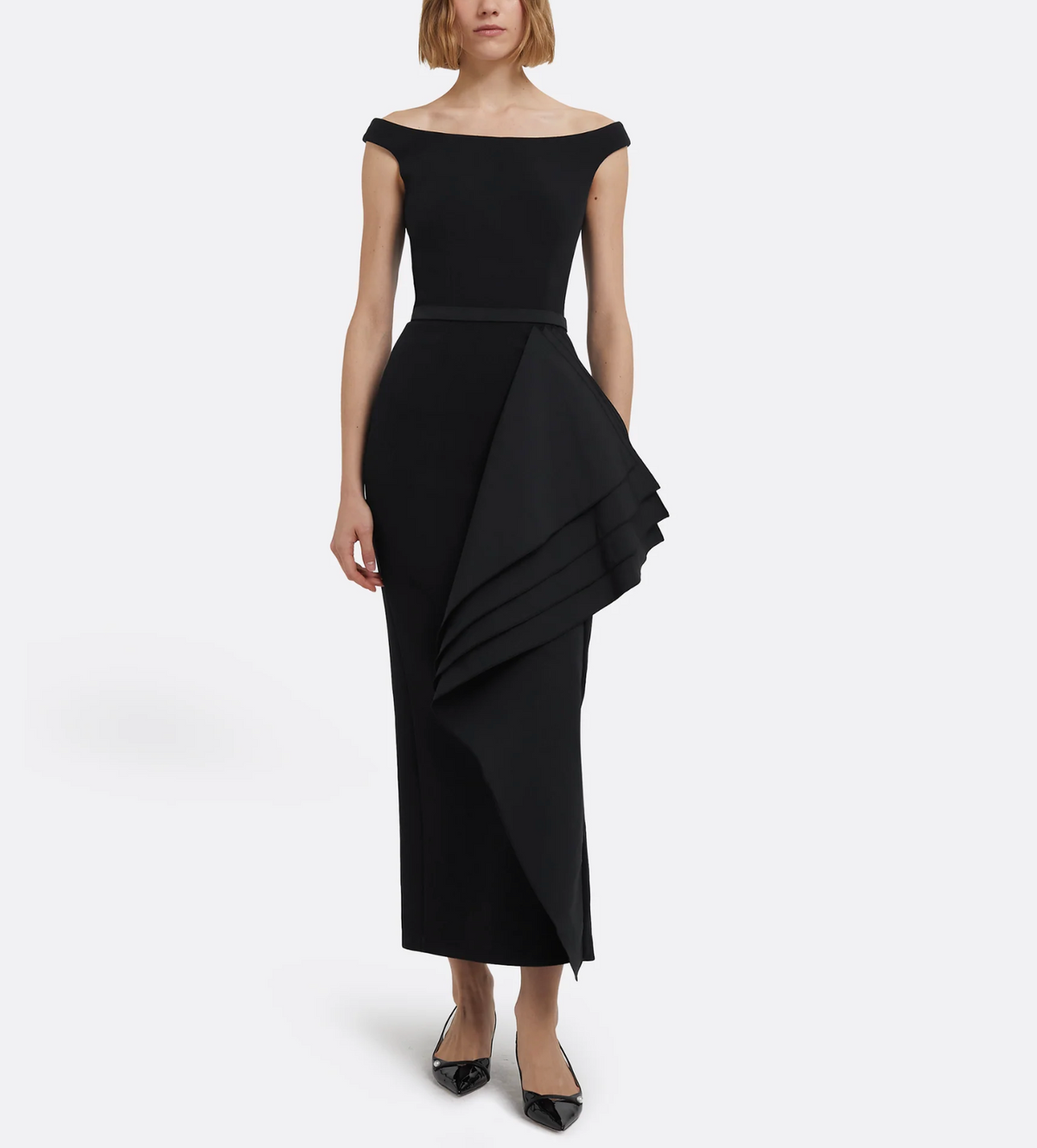 off-shoulder midi dress with layered side ruffle – VELVET