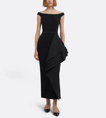 off-shoulder midi dress with layered side ruffle – VELVET
