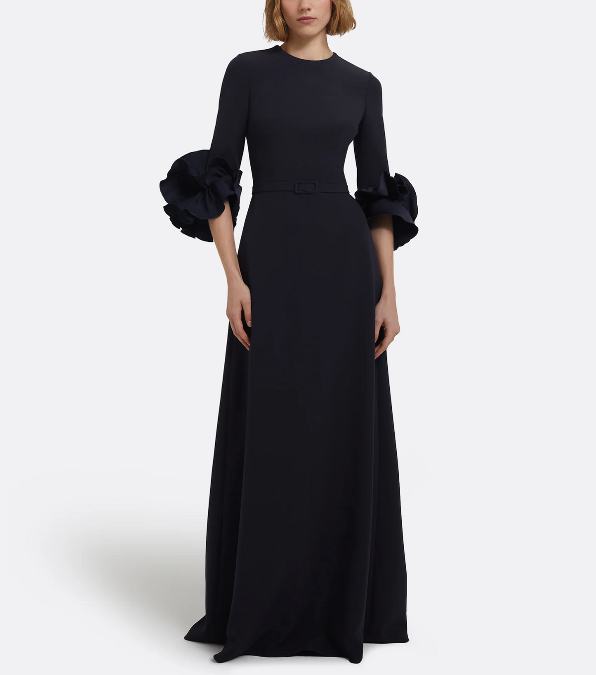 belted A-line gown with sculpted floral sleeves – RAVEN