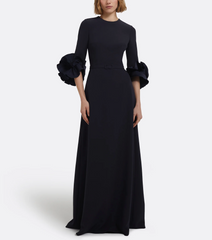 belted A-line gown with sculpted floral sleeves – RAVEN