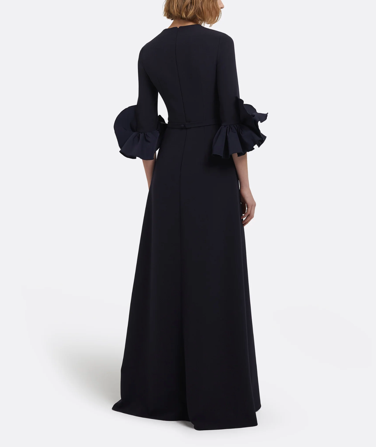 belted A-line gown with sculpted floral sleeves – RAVEN