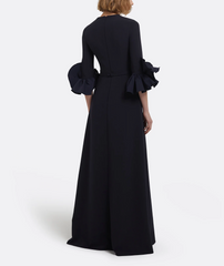 belted A-line gown with sculpted floral sleeves – RAVEN