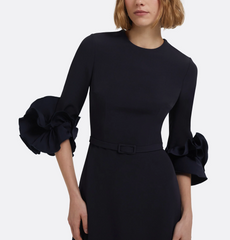 belted A-line gown with sculpted floral sleeves – RAVEN
