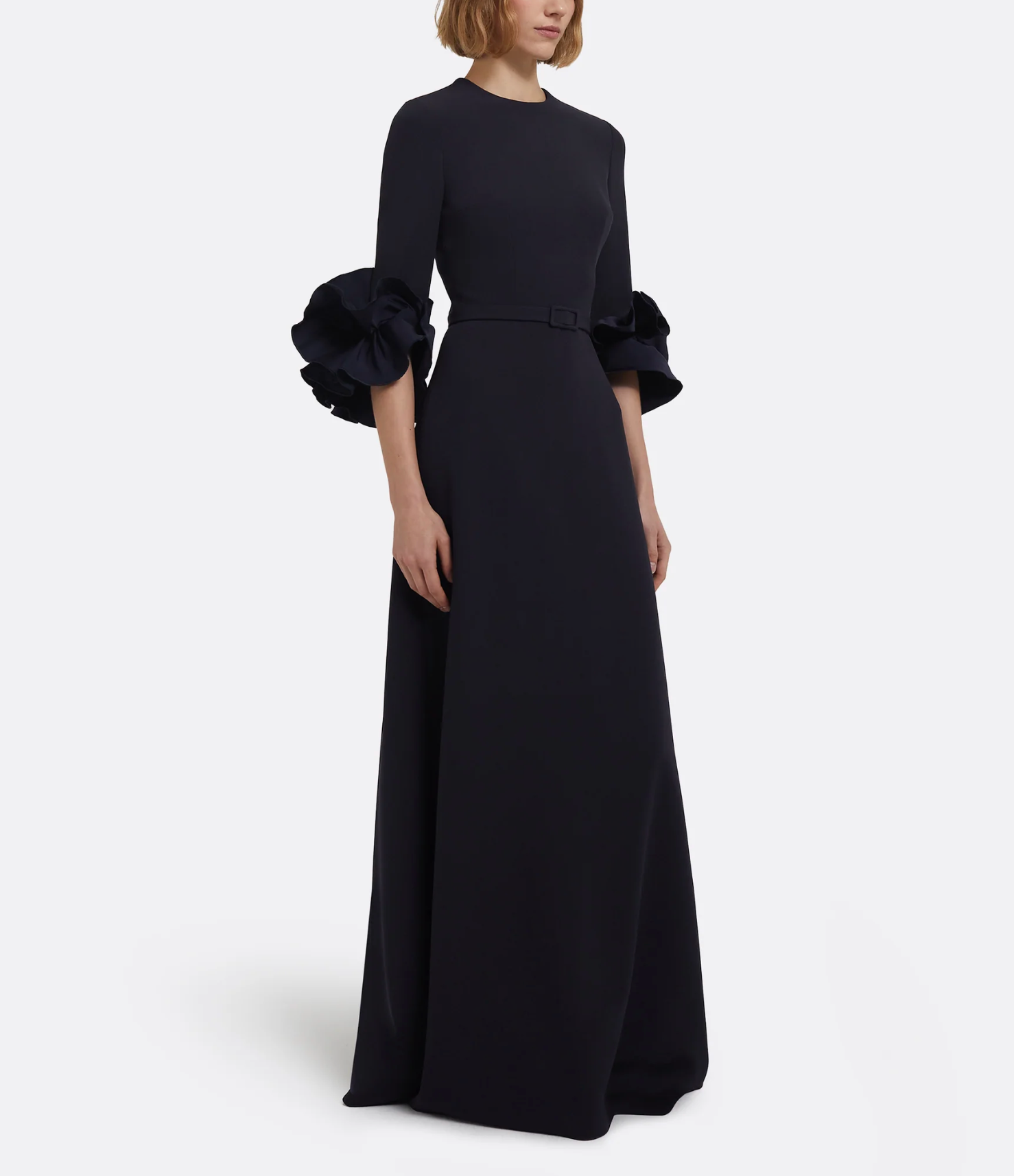 belted A-line gown with sculpted floral sleeves – RAVEN