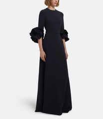 belted A-line gown with sculpted floral sleeves – RAVEN