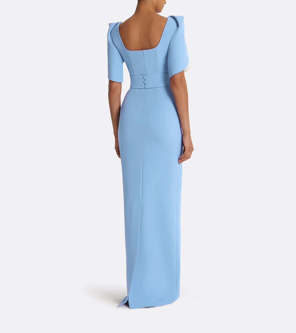 square-neck column gown with sculpted flutter sleeves – SKYLA