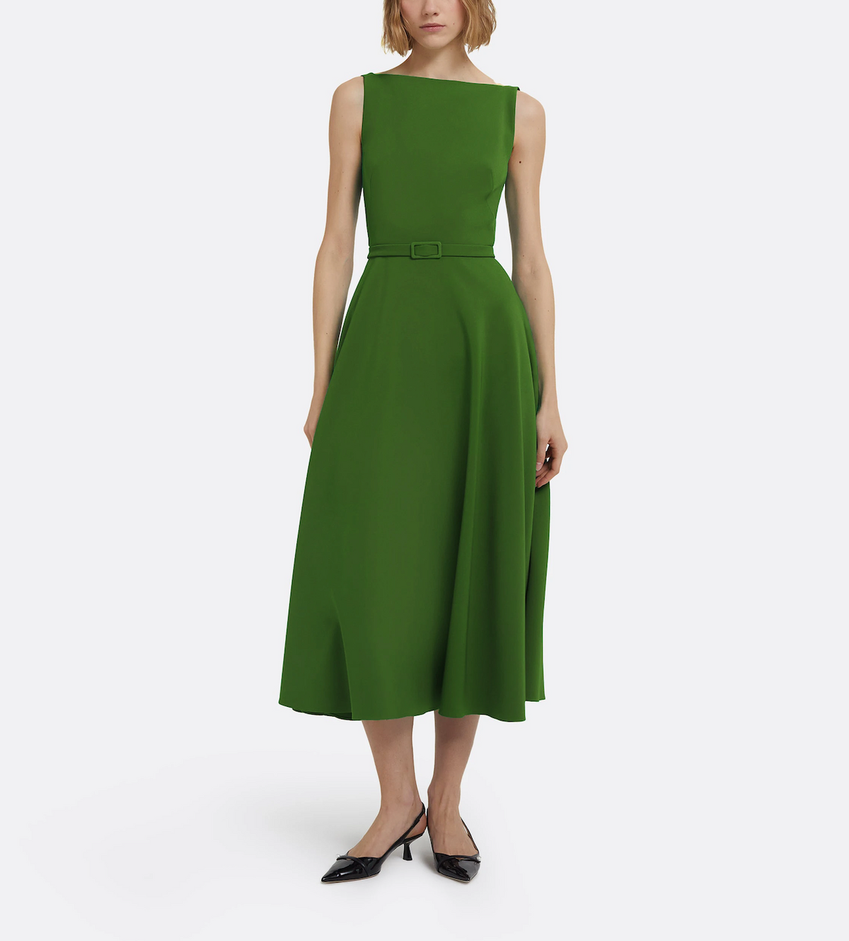 sleeveless fit-and-flare midi dress with belted waist – IVEIL