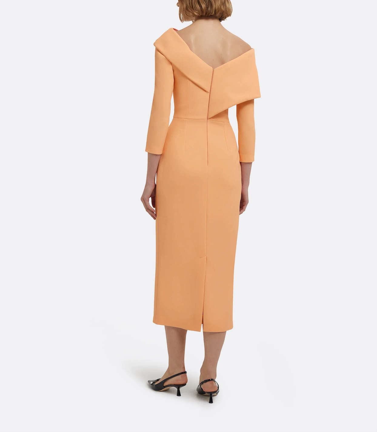 asymmetric midi dress with draped neckline – PEACH