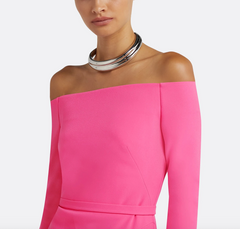 off-shoulder flared gown with long sleeves – FLAMINGO