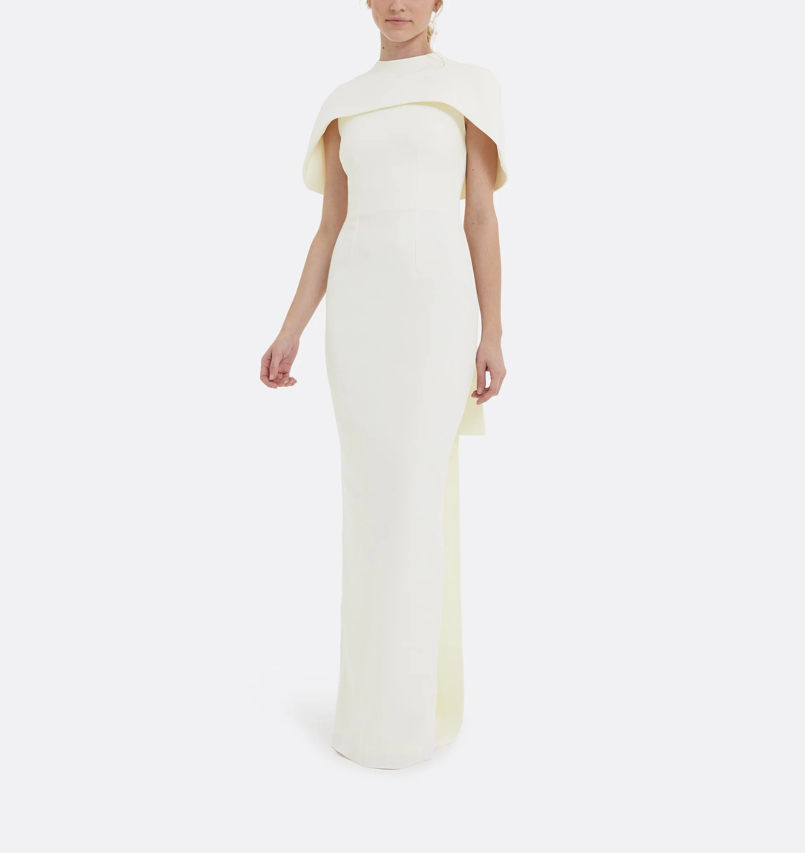 high-neck column dress with sculpted shoulder cape – Gofaan