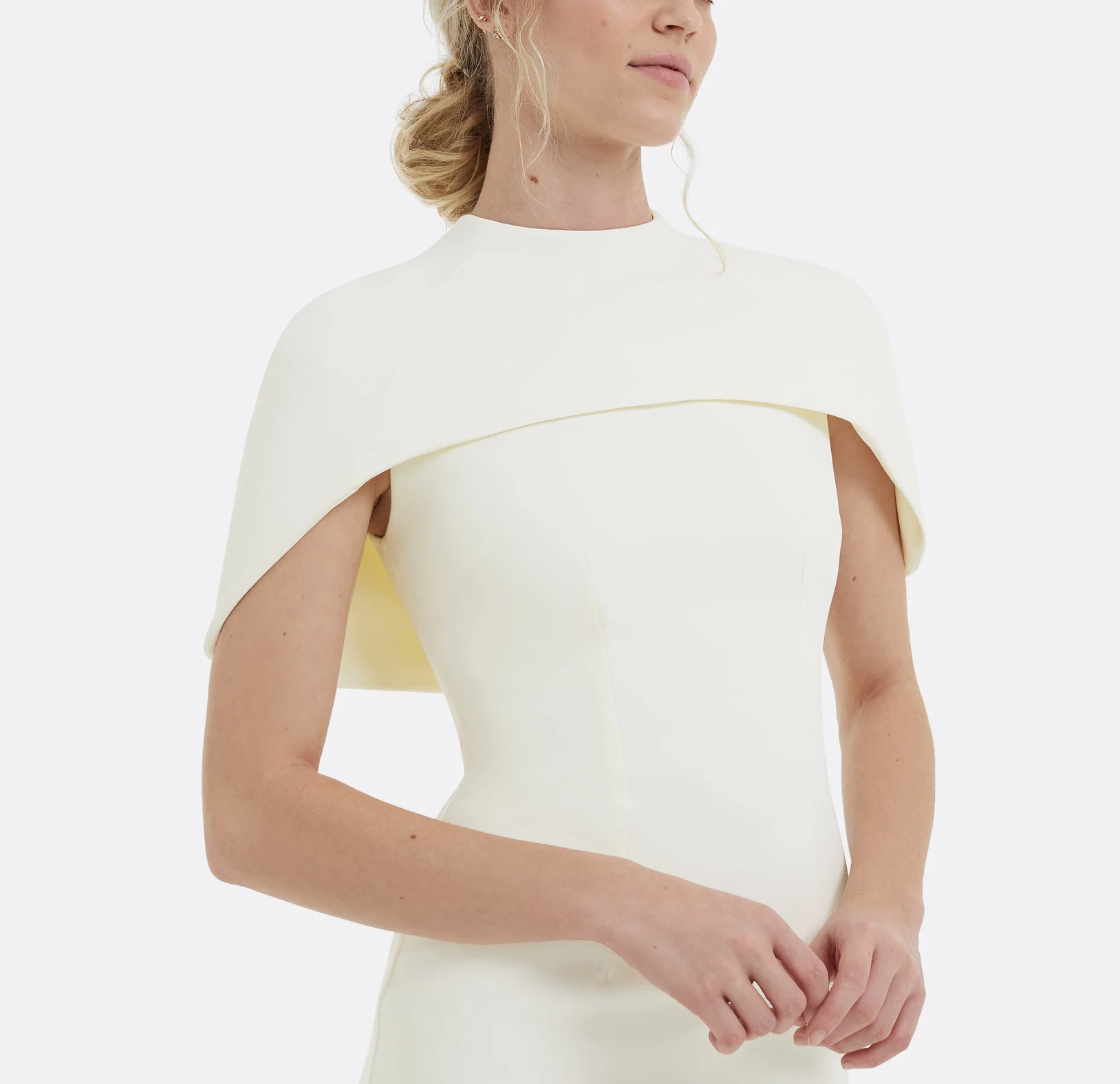 high-neck column dress with sculpted shoulder cape – Gofaan