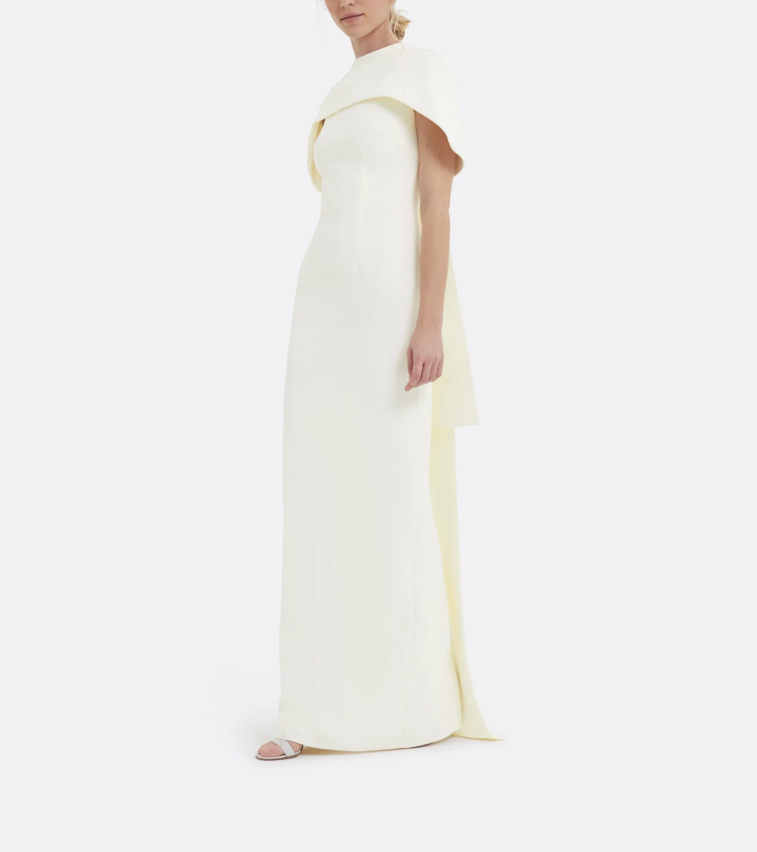 high-neck column dress with sculpted shoulder cape – Gofaan