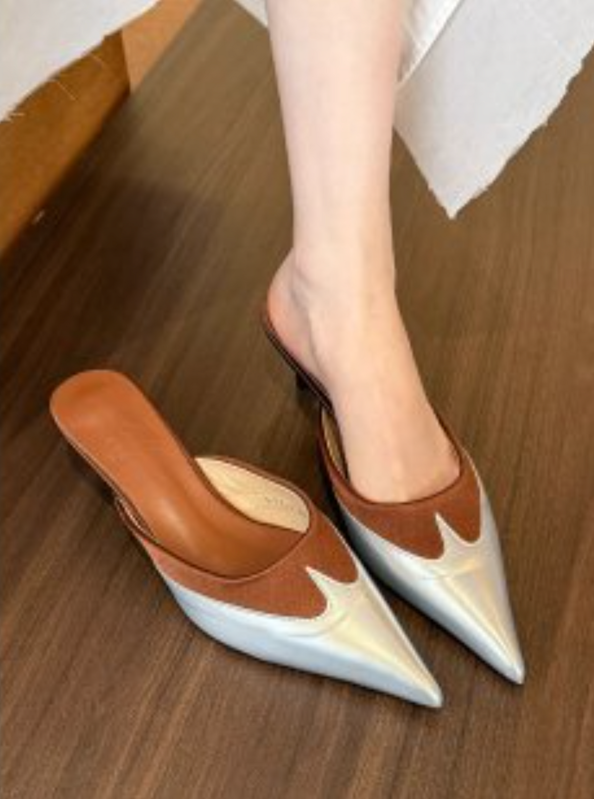 metallic leather mules with tan flame detail – ZEREINA