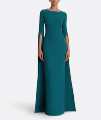 emerald column gown with crystal-trimmed cape sleeves – SERIIN