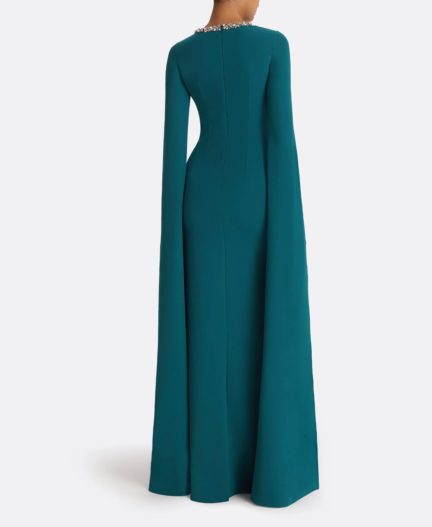 emerald column gown with crystal-trimmed cape sleeves – SERIIN