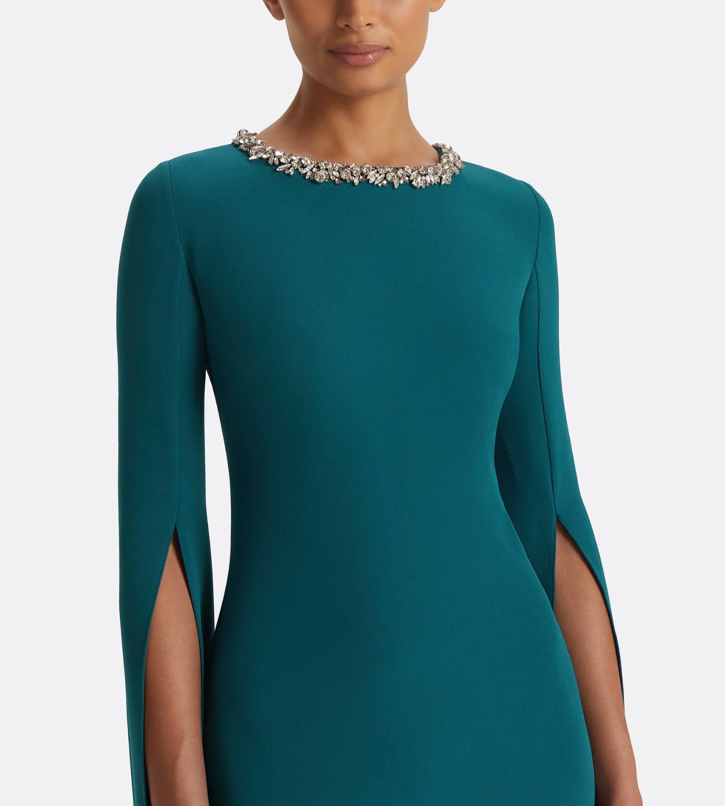 emerald column gown with crystal-trimmed cape sleeves – SERIIN