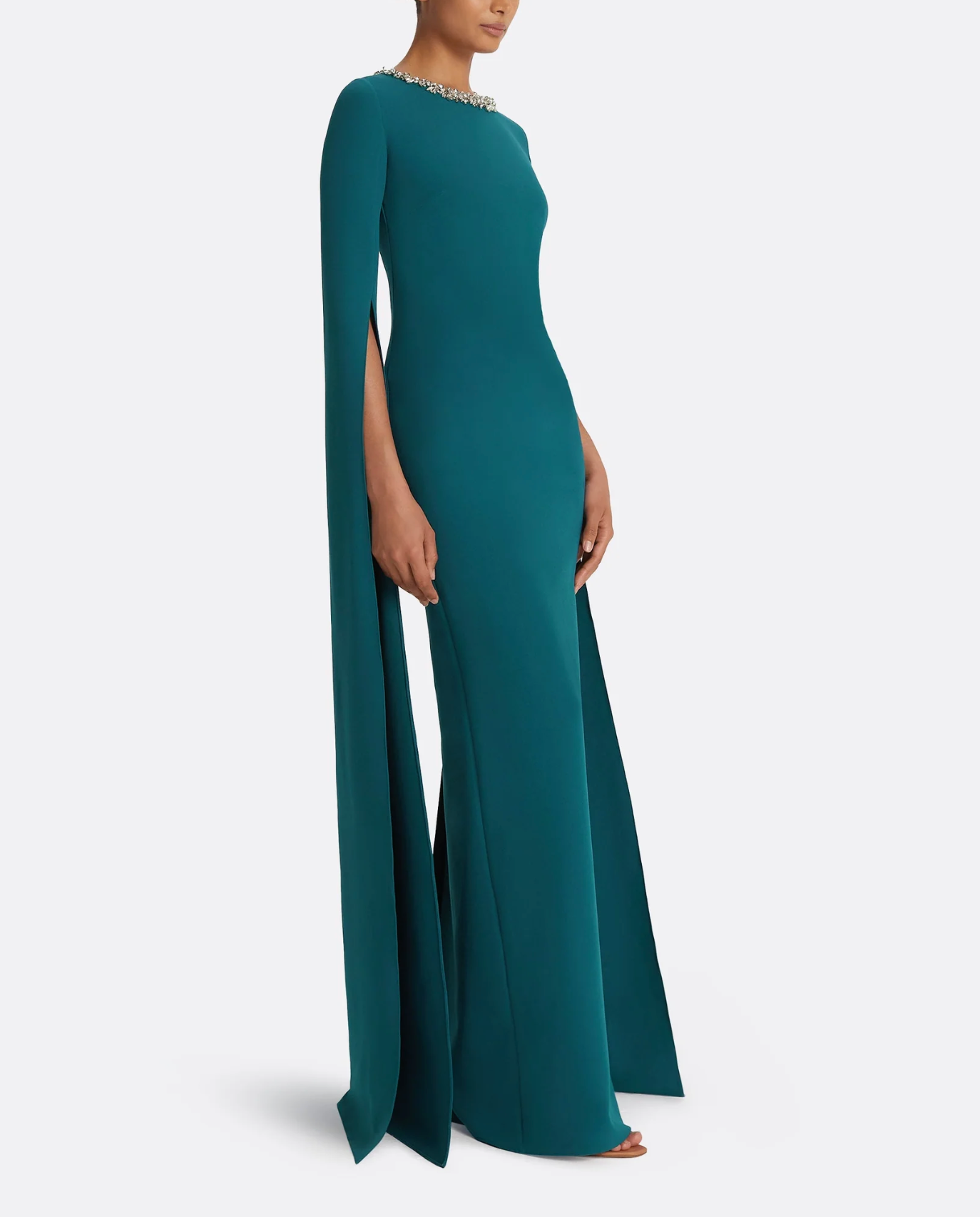 emerald column gown with crystal-trimmed cape sleeves – SERIIN