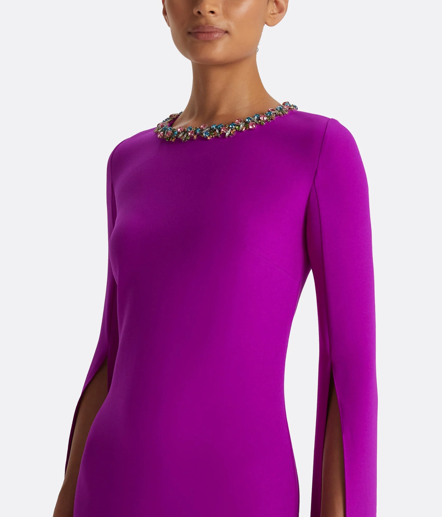 emerald column gown with crystal-trimmed cape sleeves – SERIIN