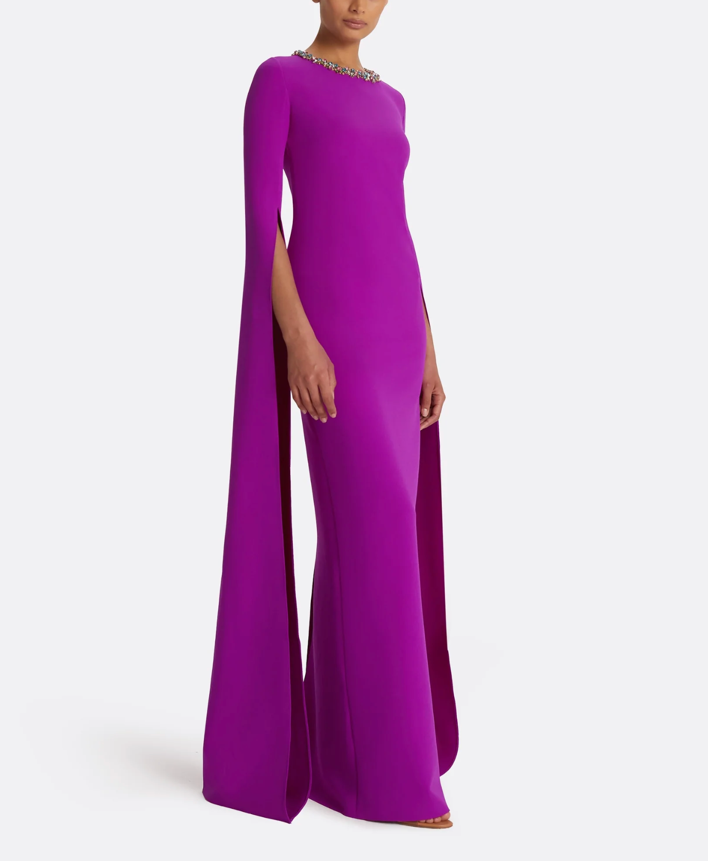 emerald column gown with crystal-trimmed cape sleeves – SERIIN
