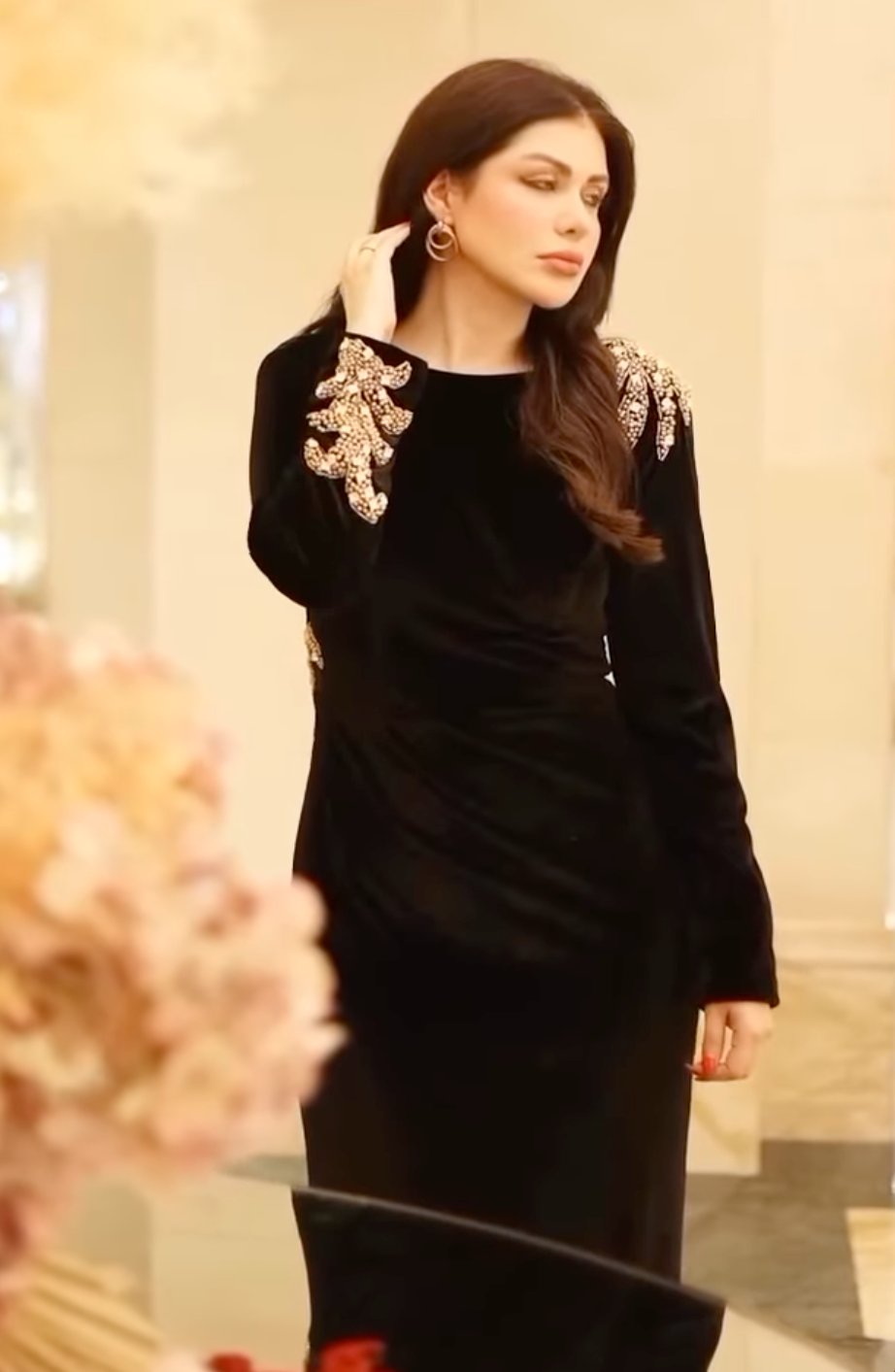 Long sleeve black velvet column dress with back neckline - Shevalini