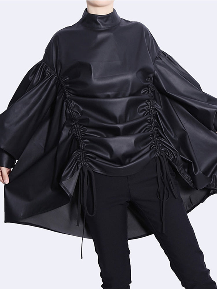 faux leather blouse with ruched sides and balloon sleeves - Addalyn