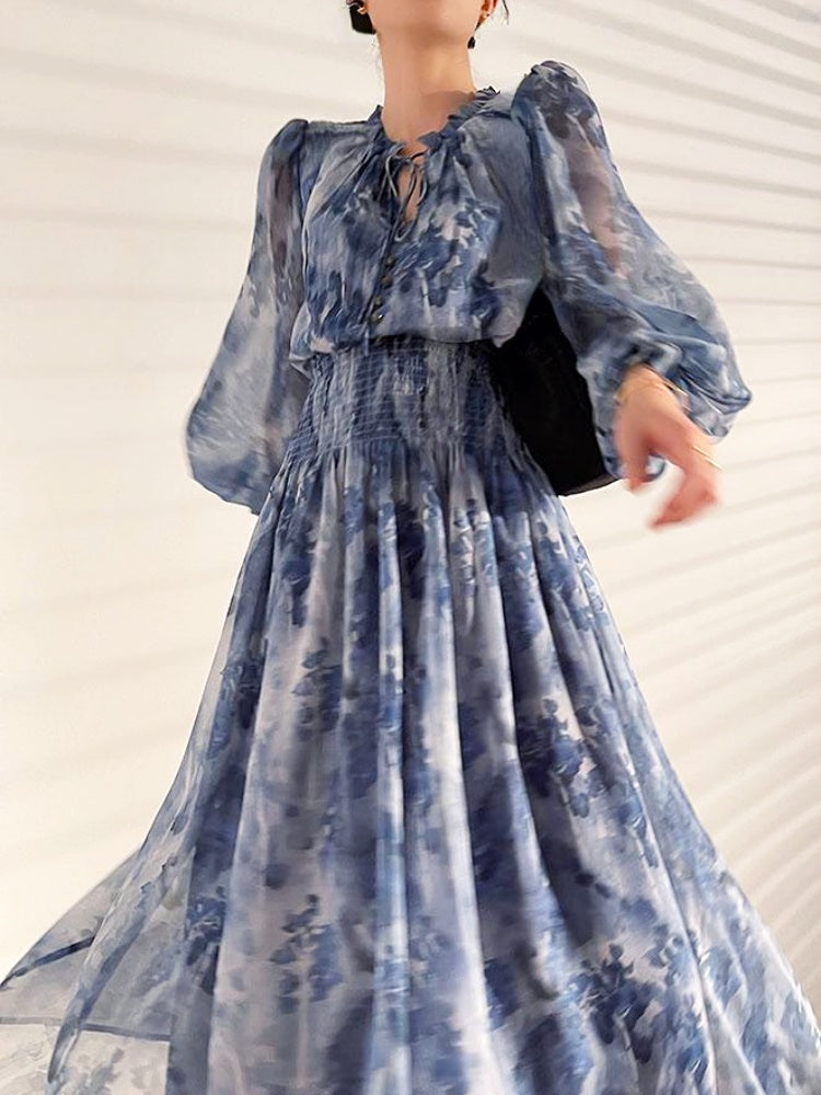 floral print chiffon maxi dress with smocked waist – ESALA