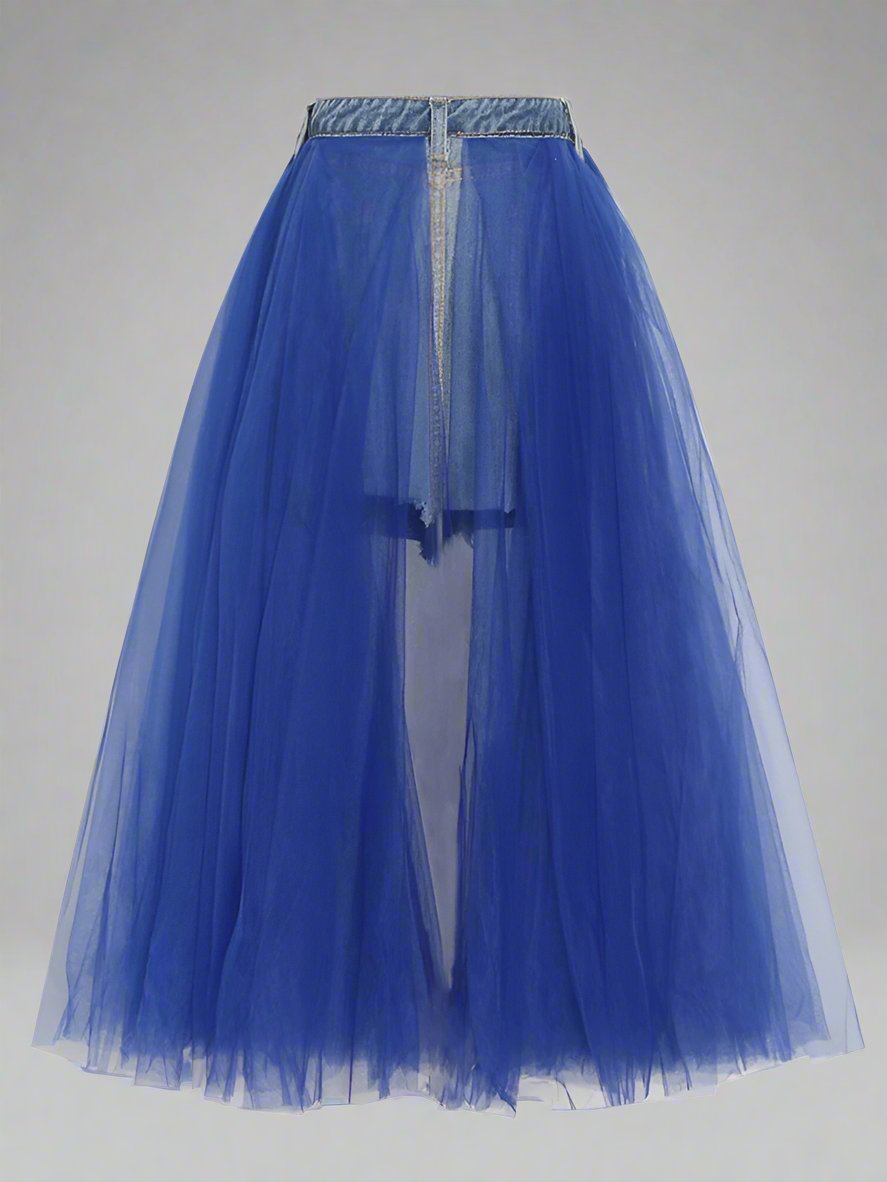 denim waistband tulle maxi skirt - Abrihm