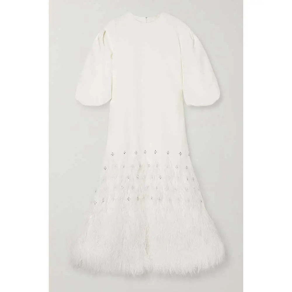 feather-trim embellished gown in ivory – Suzynne