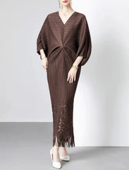 pleated batwing midi dress with fringe hem - SORALA