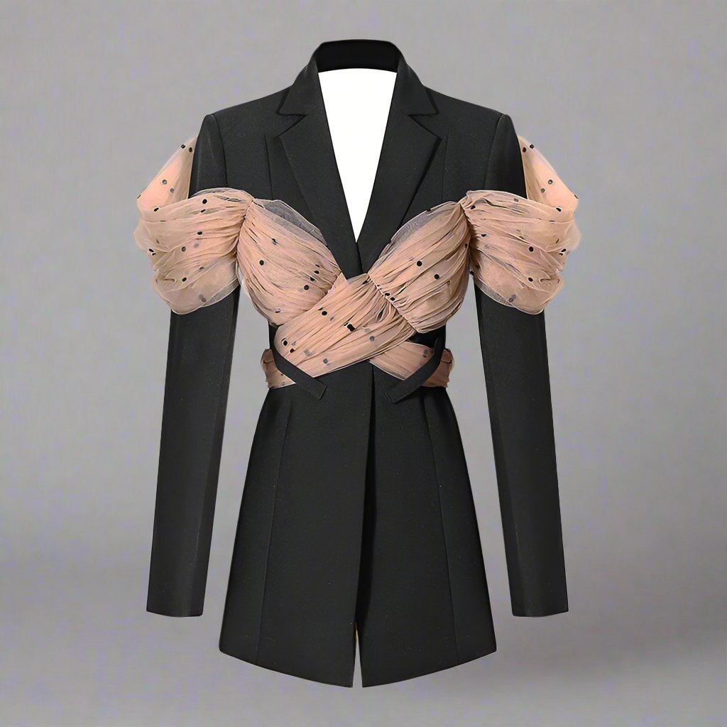 longline tailored blazer with draped tulle sleeves - Evisss