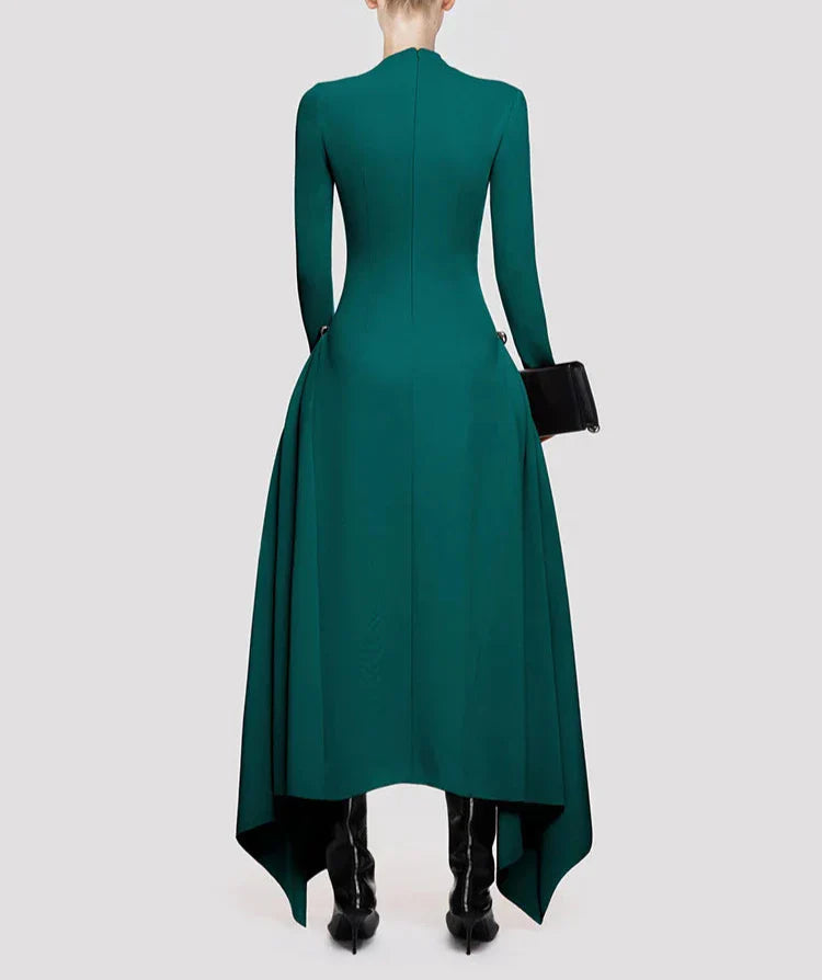 high-neck asymmetric hem midi dress – Rovnah