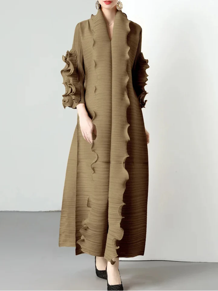 textured open-front dress with sculpted ruffle trim - LAYTA