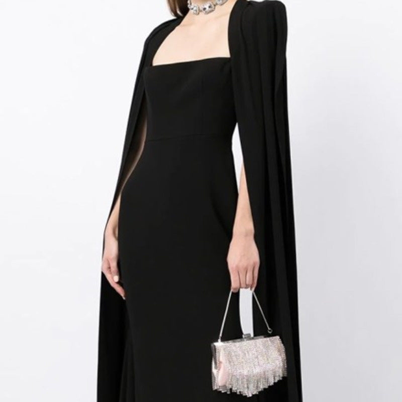 square-neck column gown with floor-length cape – Tiamat