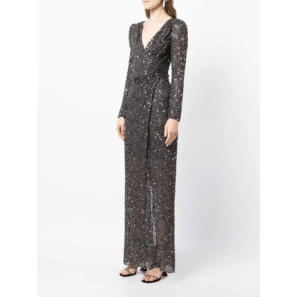 sequin wrap gown with thigh-high slit – Sumona