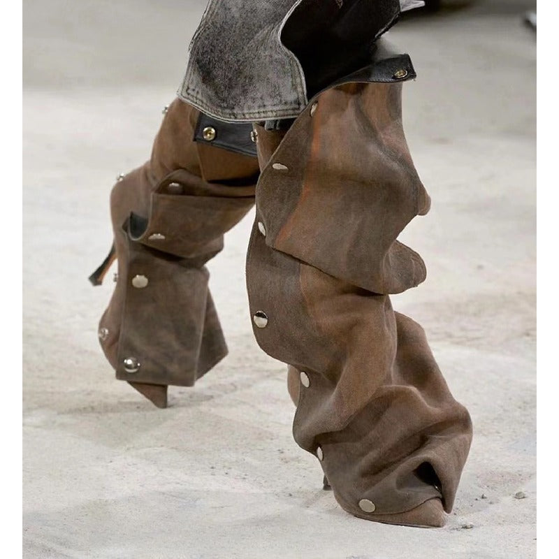 ruffled knee-high boots with metallic snap accents - Eenakshi