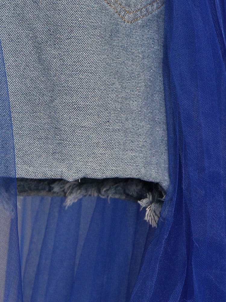 denim waistband tulle maxi skirt - Abrihm