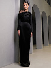 off-shoulder satin gown with lace neckline – Aaeehu
