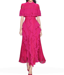 high-neck lace gown with cascading ruffles – Aanewxc