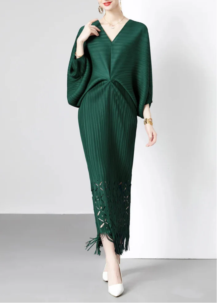 pleated batwing midi dress with fringe hem - SORALA