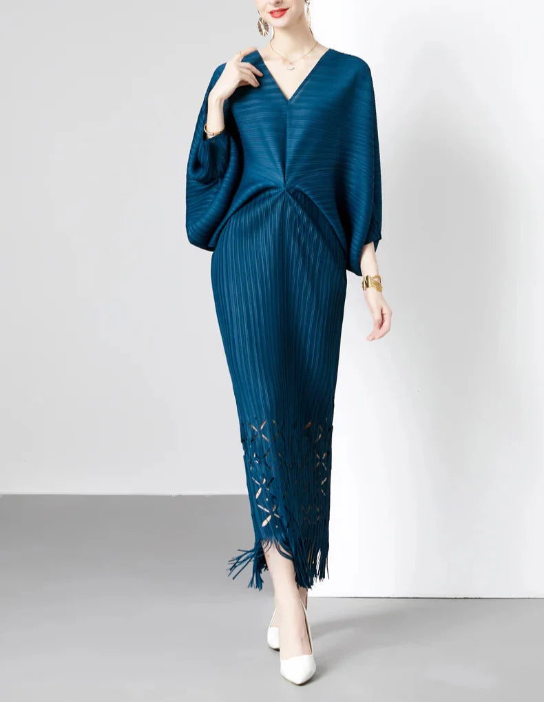 pleated batwing midi dress with fringe hem - SORALA